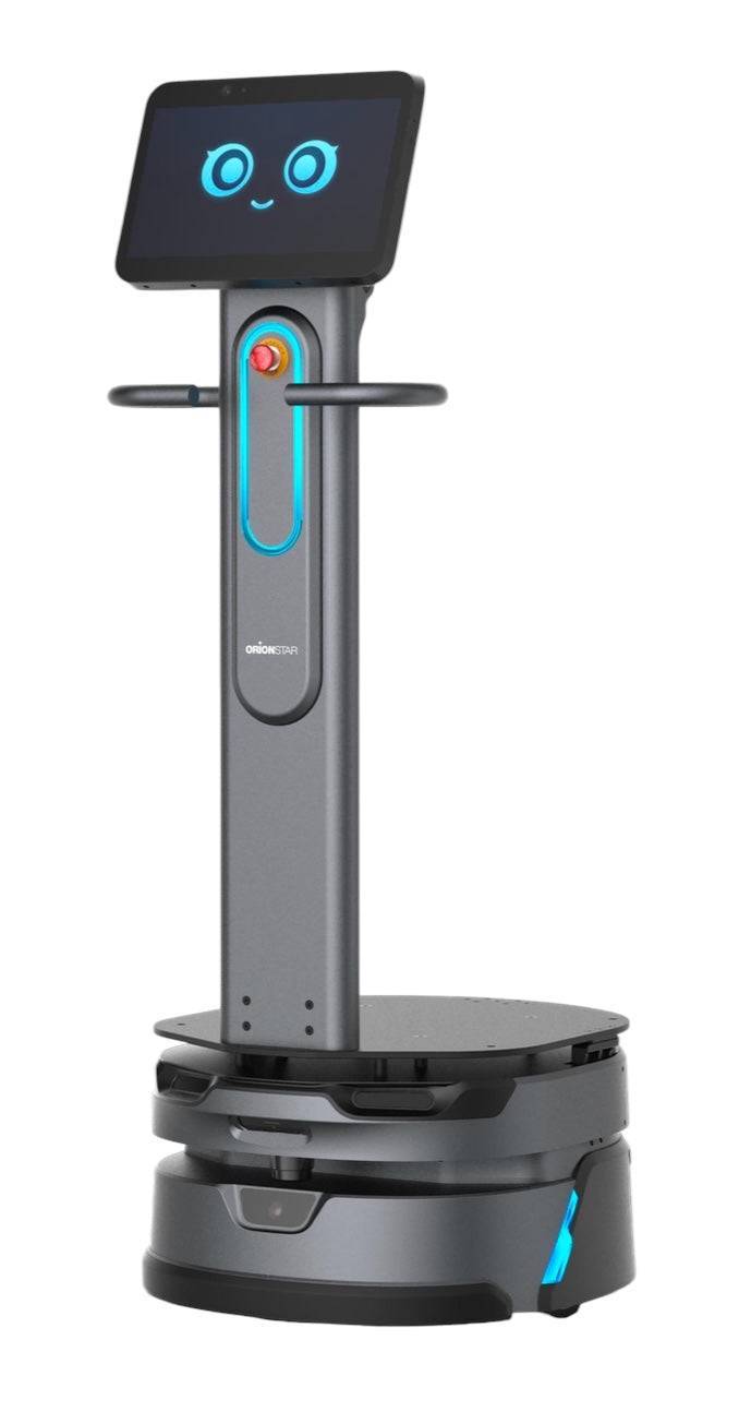 Luckibot Pro Carry 1 autonomous mobile robot with display screen and safety sensors, ideal for warehouse logistics and industrial automation.