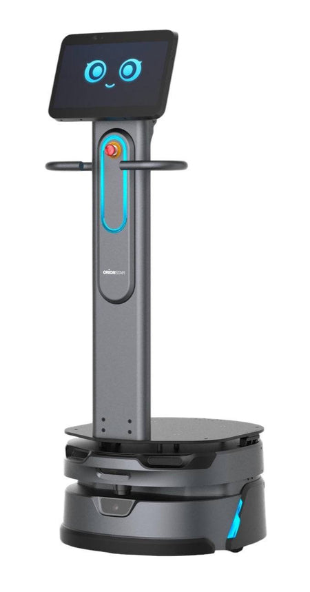 Luckibot Pro Carry 1 autonomous mobile robot with display screen and safety sensors, ideal for warehouse logistics and industrial automation.