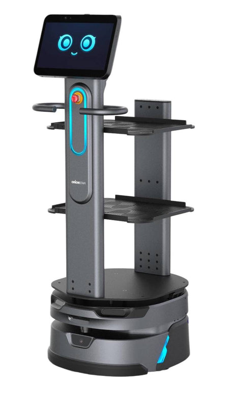 Carrybot 2 - Warehouse Robot with shelves and a digital face display, designed for autonomous logistics in industrial environments.