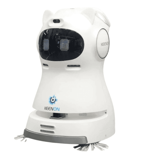 Kleenbot C30 efficient cleaning robot with dual side brushes and sleek white design for sweeping, vacuuming, and mopping in commercial spaces.