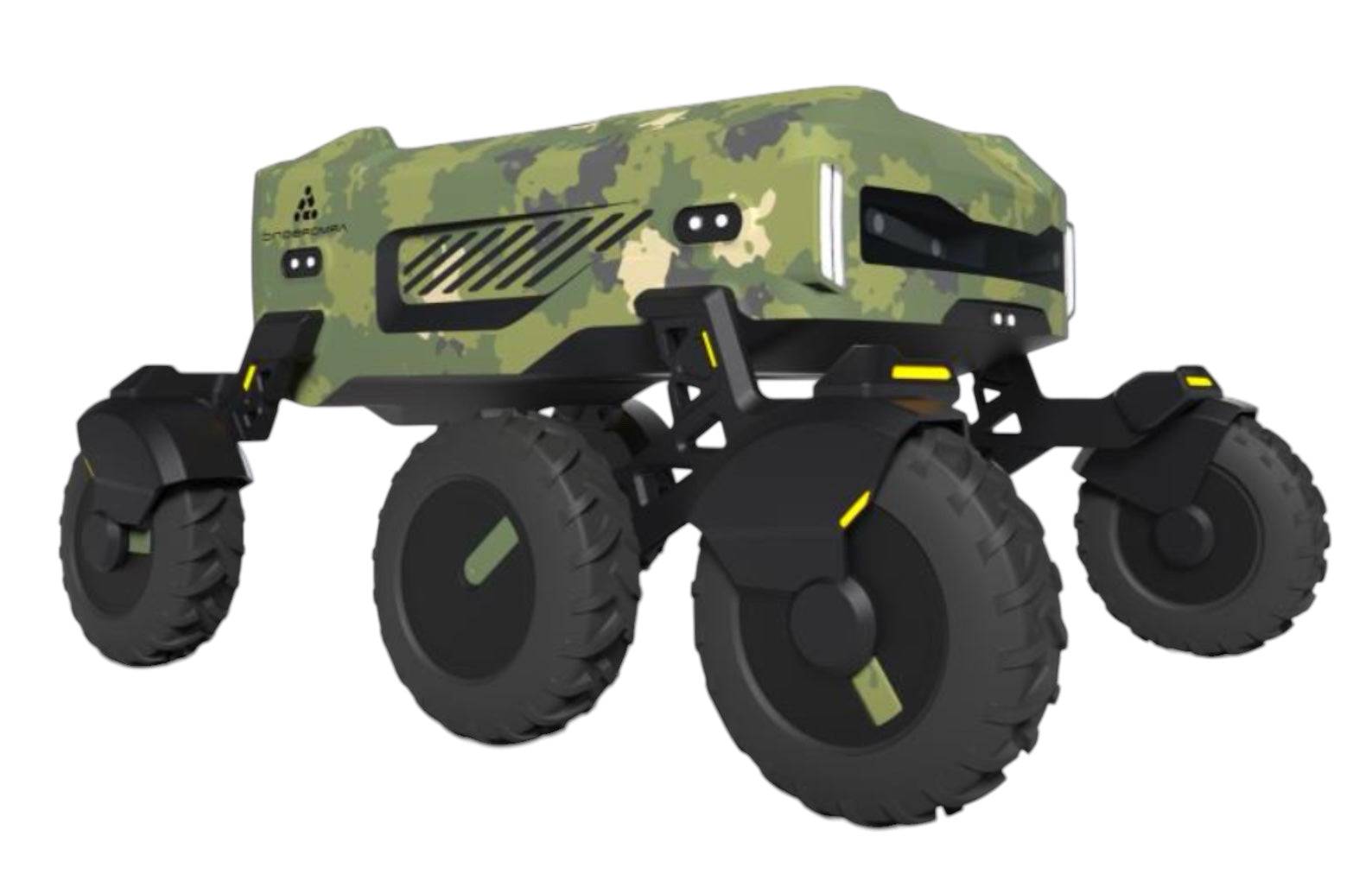 Navi X Rover HERO robot in camouflage design with rugged all-terrain wheels, ideal for industrial and business field operations.