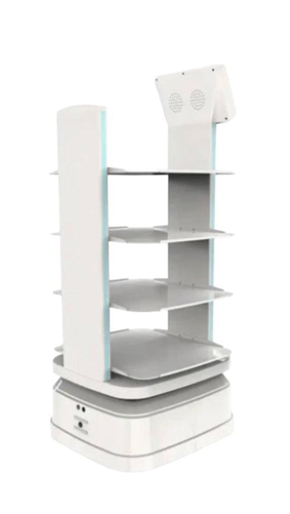 Rear view of ATEAGO S7-300 Indoor/Outdoor Industrial Robot showing speaker system and shelving, ideal for logistics and warehouse automation.