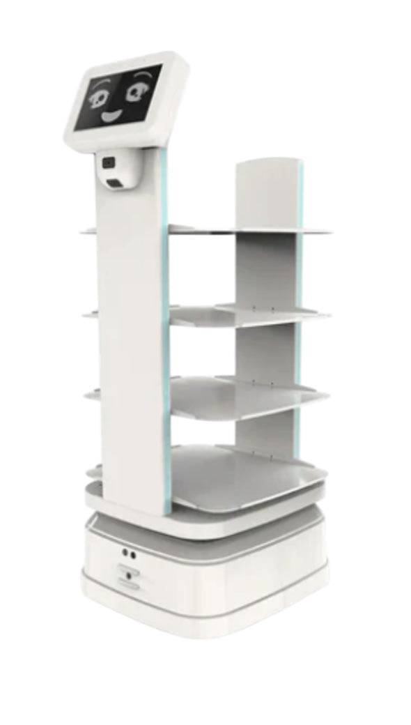 ATEAGO S7-300 Indoor/Outdoor Industrial Robot with front-facing display and multi-tier shelving for autonomous material transport in industrial settings.