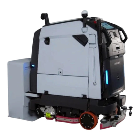 AI-powered cleaning robot for large facilities with sweeping brushes and sensors