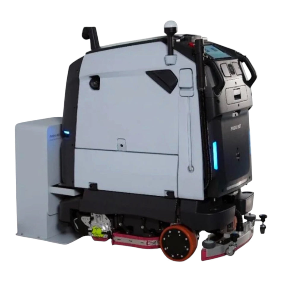 AI-powered cleaning robot for large facilities with sweeping brushes and sensors