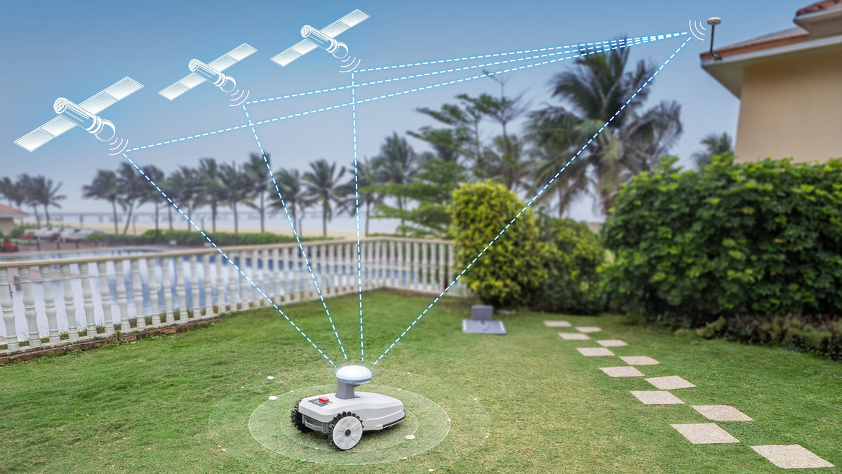 Smart lawn mower with mobile app control near house
