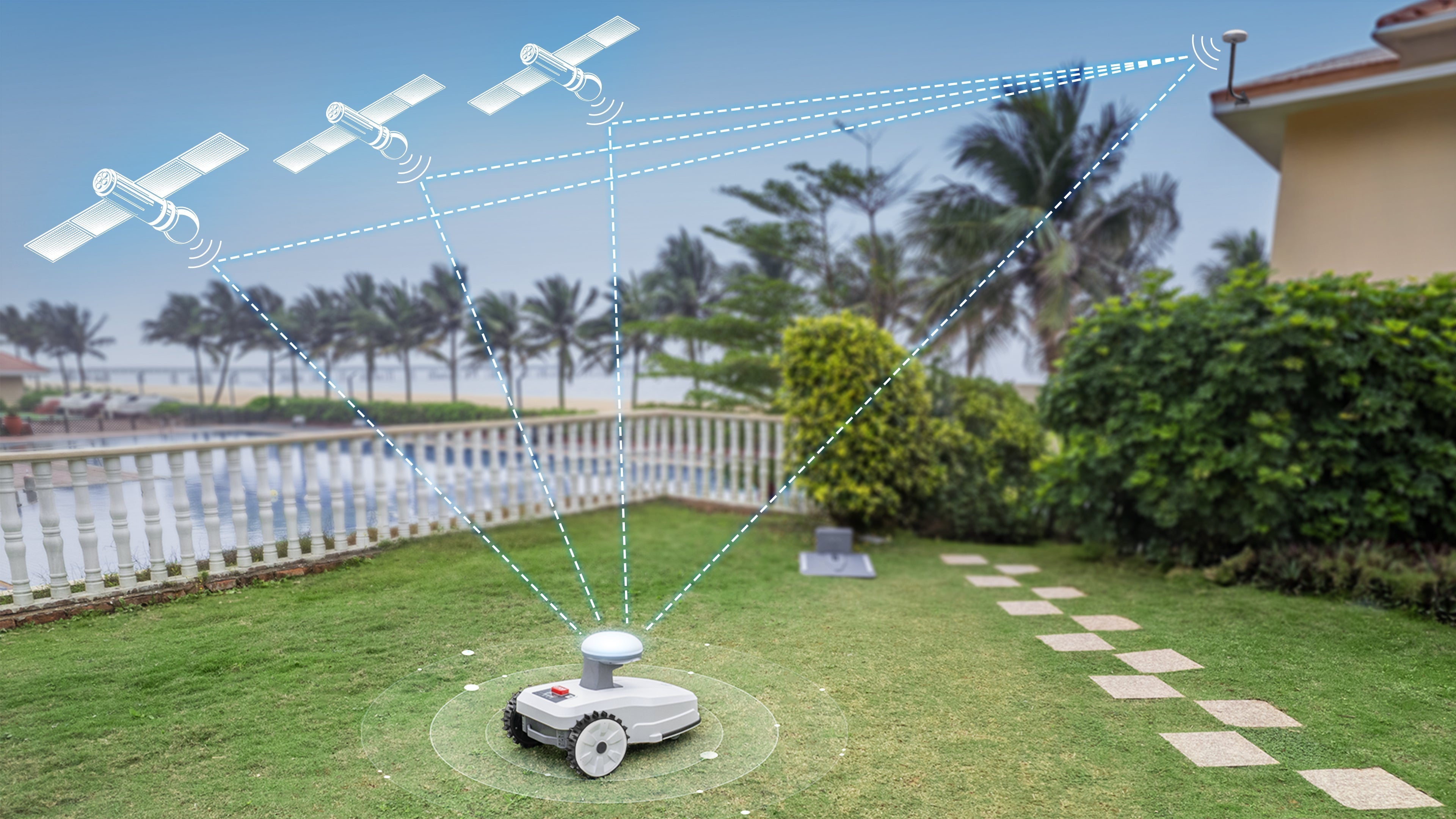Smart lawn mower with mobile app control near house