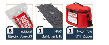 Public Access Bleed Kit (6) includes six individual kits, NAR QuikLitter LITE, and a durable red nylon tote with zipper for emergency control.