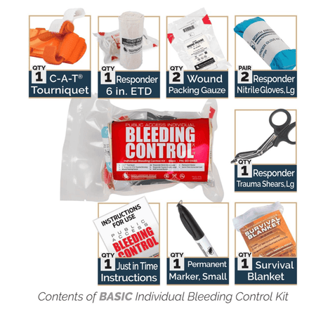 Contents of Public Access Bleed Kit (6) including tourniquet, gauze, gloves, trauma shears, survival blanket, and permanent marker.