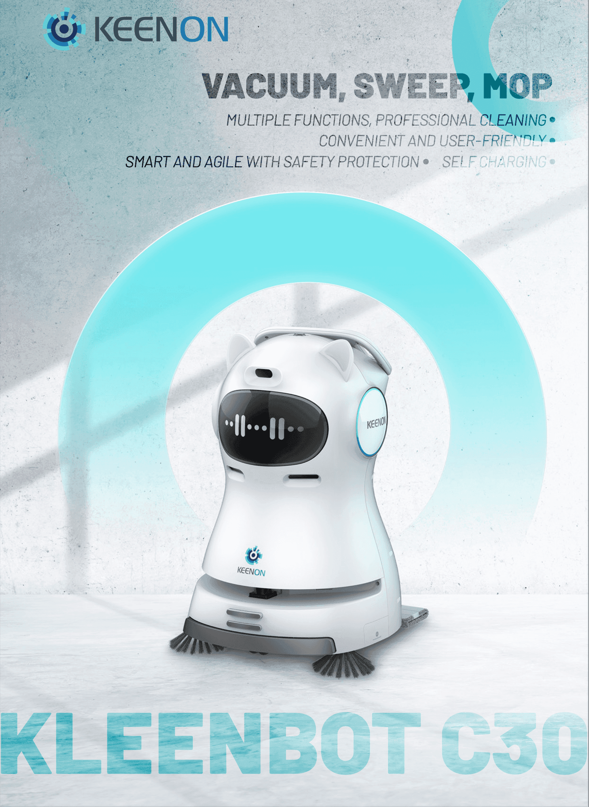 Promotional image of the Kleenbot C30 cleaning robot highlighting its vacuum, sweep, and mop functions. Features smart navigation and self-charging.