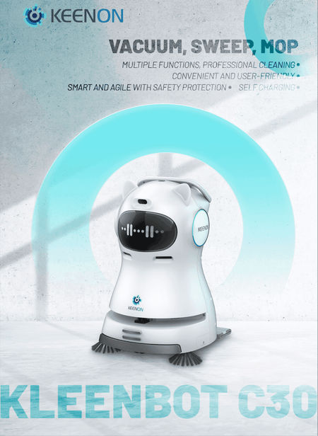 Promotional image of the Kleenbot C30 cleaning robot highlighting its vacuum, sweep, and mop functions. Features smart navigation and self-charging.