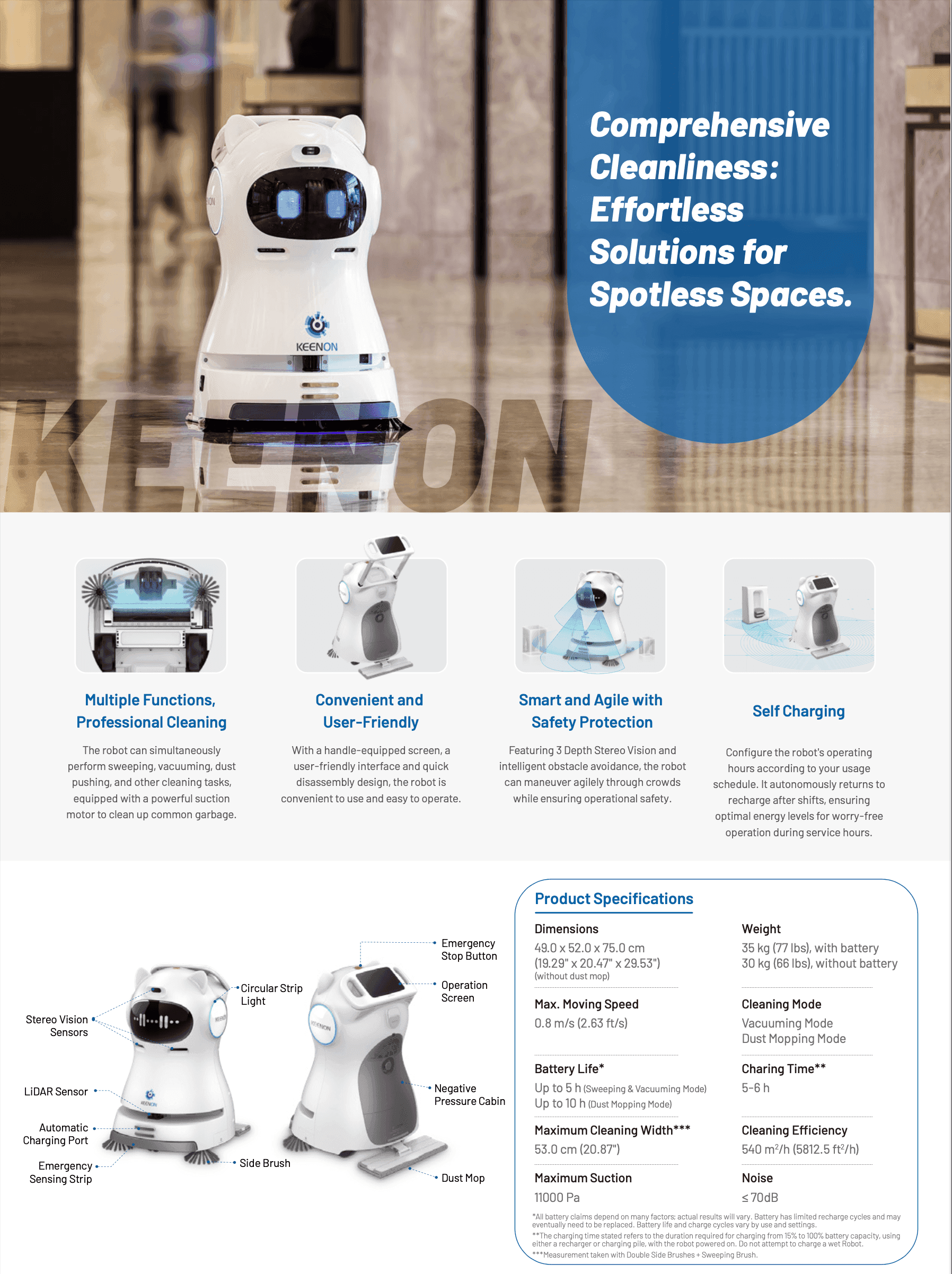 Detailed product brochure of the Kleenbot C30 cleaning robot showcasing features like professional cleaning, user-friendly design, and self-charging.
