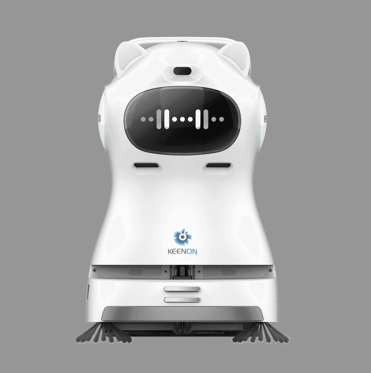 Front view of the Kleenbot C30 cleaning robot, featuring an intelligent display and dual sweeping brushes for commercial cleaning efficiency.