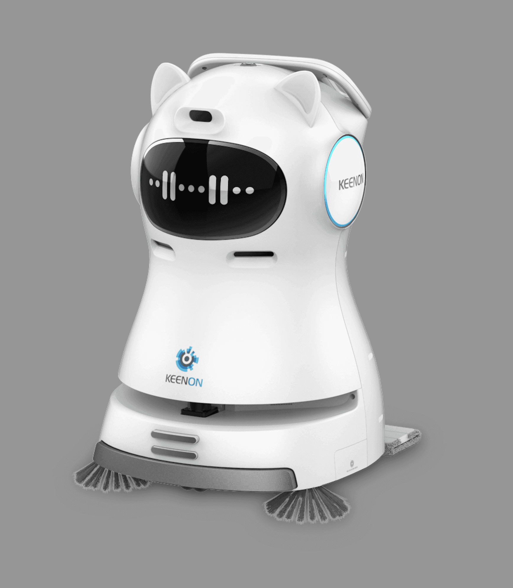 Kleenbot C30 cleaning robot with a sleek white design, equipped with sweeping brushes and a mopping system for efficient floor cleaning.