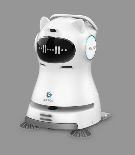 Kleenbot C30 cleaning robot with a sleek white design, equipped with sweeping brushes and a mopping system for efficient floor cleaning.