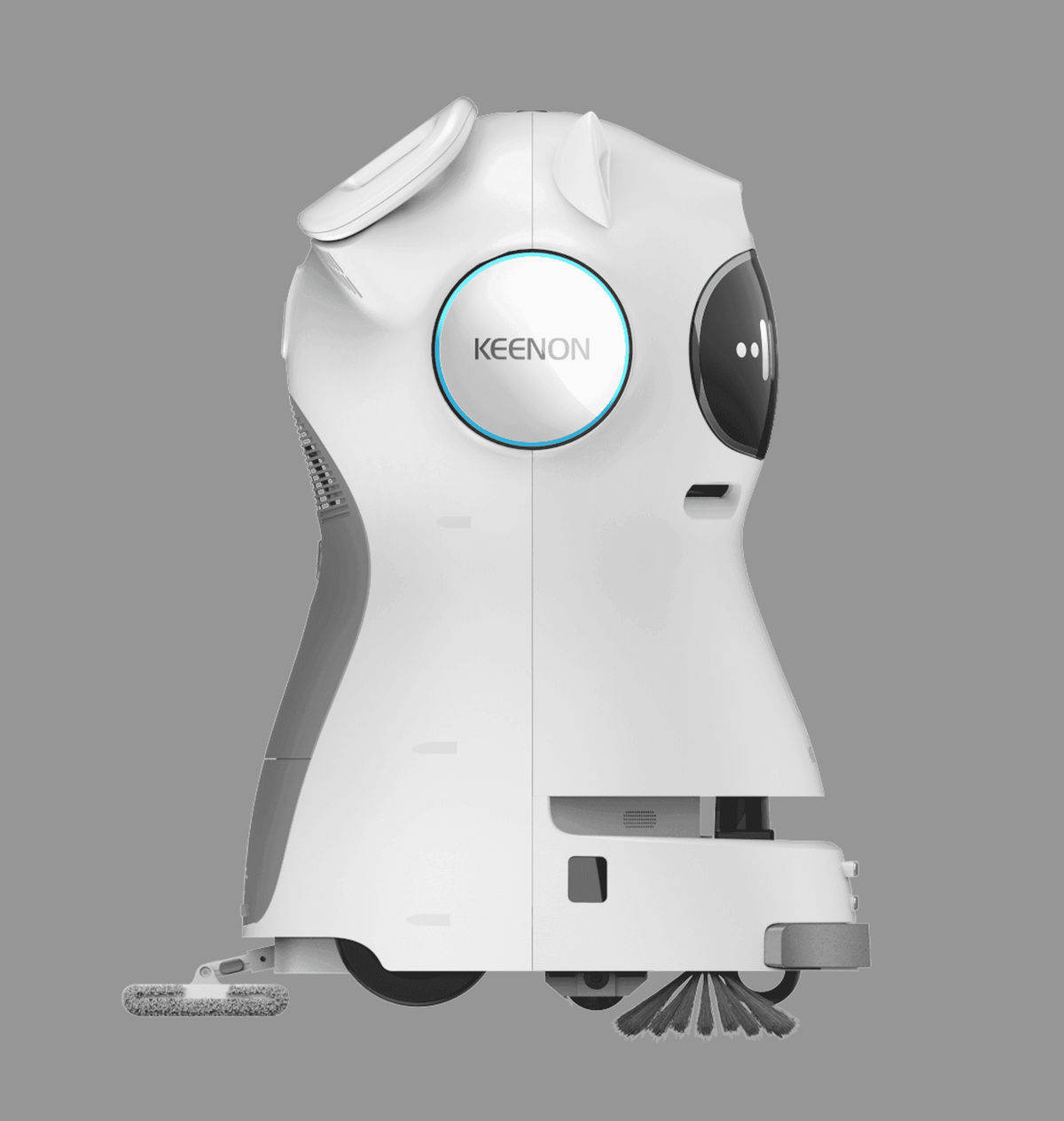 Another side view of the Kleenbot C30 cleaning robot, showcasing its advanced sensors, sleek design, and efficient cleaning capabilities.