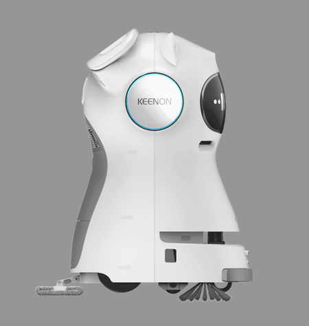 Another side view of the Kleenbot C30 cleaning robot, showcasing its advanced sensors, sleek design, and efficient cleaning capabilities.
