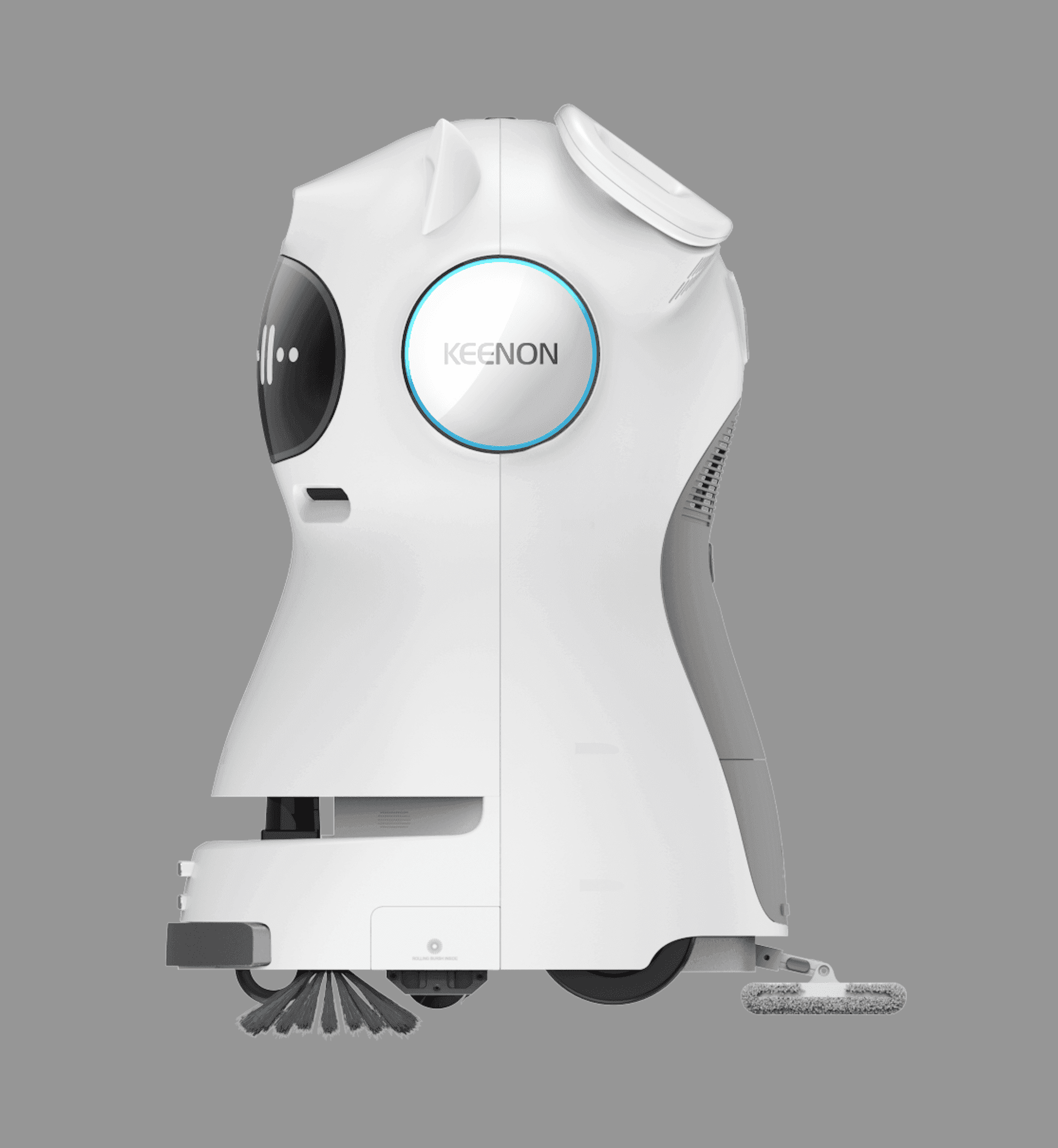 Side view of the Kleenbot C30 cleaning robot, highlighting its compact design, sweeping brushes, and mopping system for thorough cleaning.
