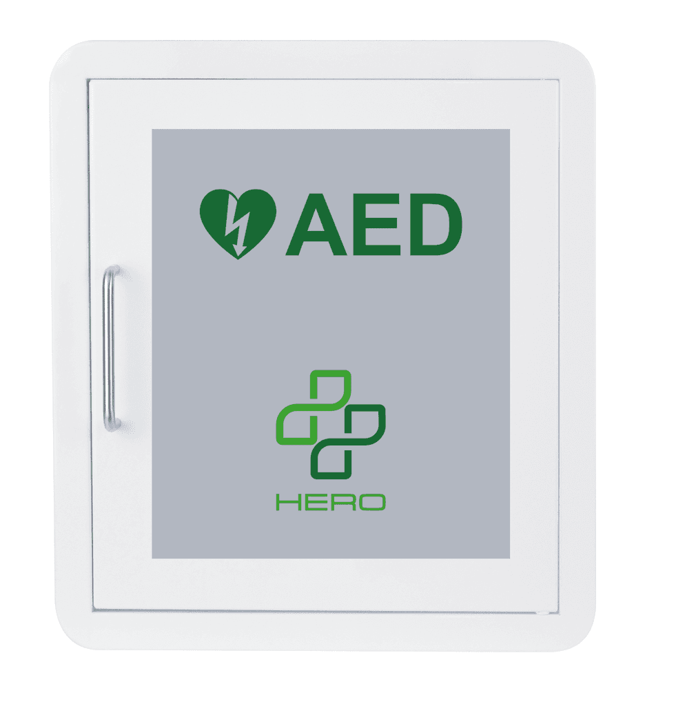 AED Cabinet - Wall Mounted Storage for Defibrillator featuring a sleek white design with green AED and Hero branding, perfect for indoor use.
