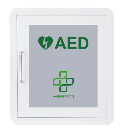 AED Cabinet - Wall Mounted Storage for Defibrillator featuring a sleek white design with green AED and Hero branding, perfect for indoor use.