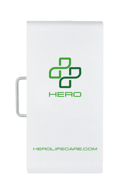 Side view of AED Cabinet - Wall Mounted Storage for Defibrillator with Hero logo and website, showcasing durable metal construction and handle.