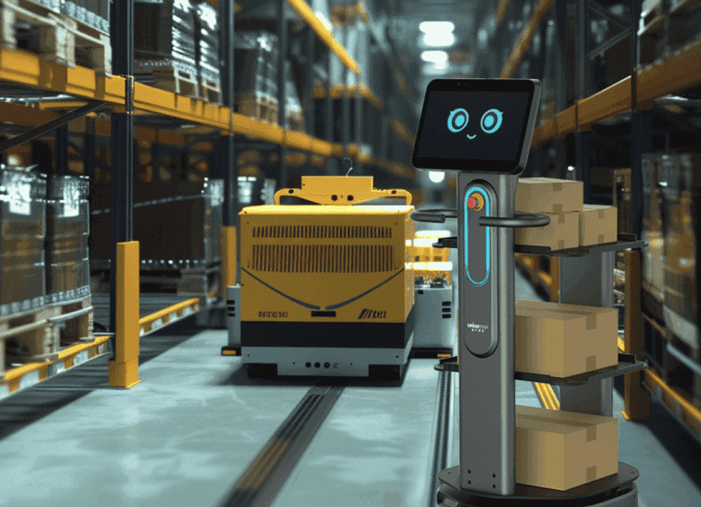 Carrybot 3 - Warehouse Logistics Robot operating in a warehouse with boxes, showcasing smart automation for industrial logistics and material handling.