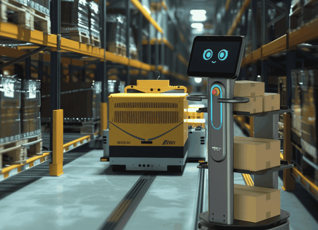 Carrybot 3 - Warehouse Logistics Robot operating in a warehouse with boxes, showcasing smart automation for industrial logistics and material handling.
