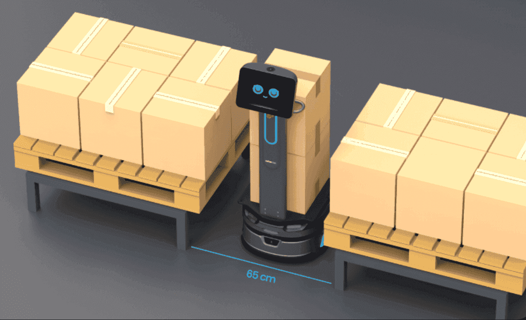 Carrybot 3 - Warehouse Logistics Robot navigating between pallets in a narrow aisle, demonstrating compact design for tight warehouse spaces.
