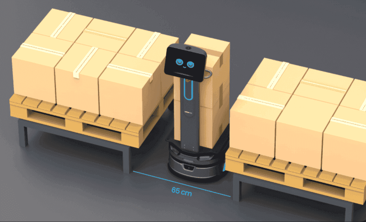 Carrybot 3 - Warehouse Logistics Robot navigating between pallets in a narrow aisle, demonstrating compact design for tight warehouse spaces.