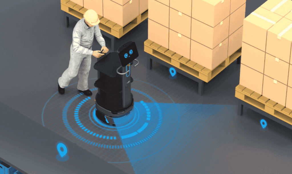 Carrybot 2 - Warehouse Robot being configured by a worker, showcasing smart navigation and real-time location tracking.