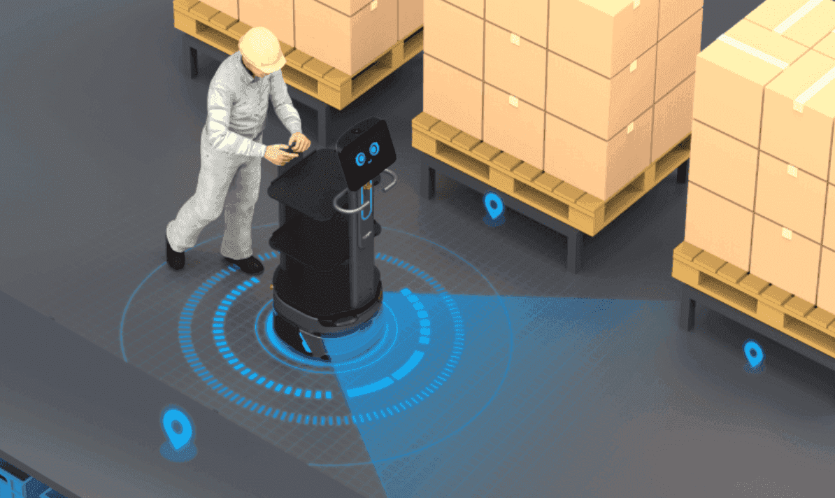 Carrybot 2 - Warehouse Robot being configured by a worker, showcasing smart navigation and real-time location tracking.