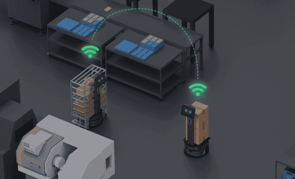 Carrybot 2 - Warehouse Robots communicating wirelessly for synchronized operations in industrial automation environments.