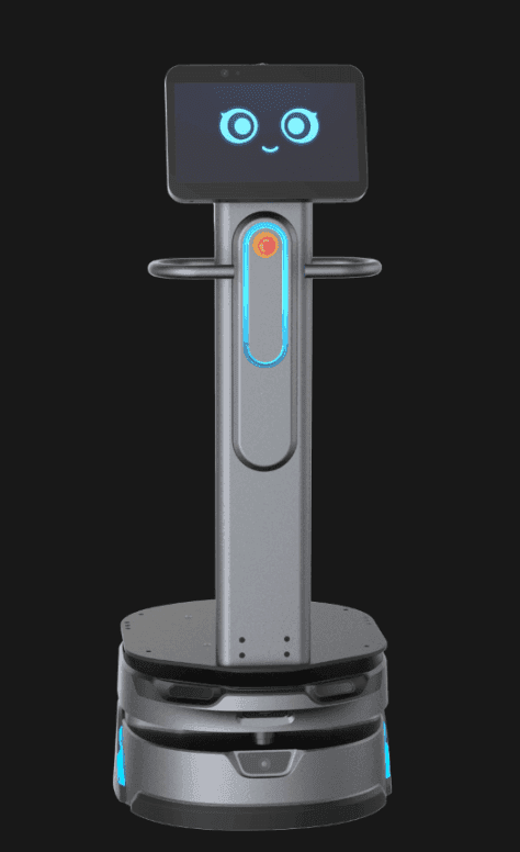 Front view of Luckibot Pro Carry 1 autonomous robot with LED indicators and interactive display for industrial logistics use.