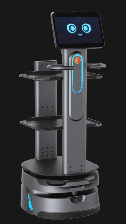 Carrybot 2 - Warehouse Robot featuring dual shelves and a smiling digital interface, enhancing warehouse automation and productivity.