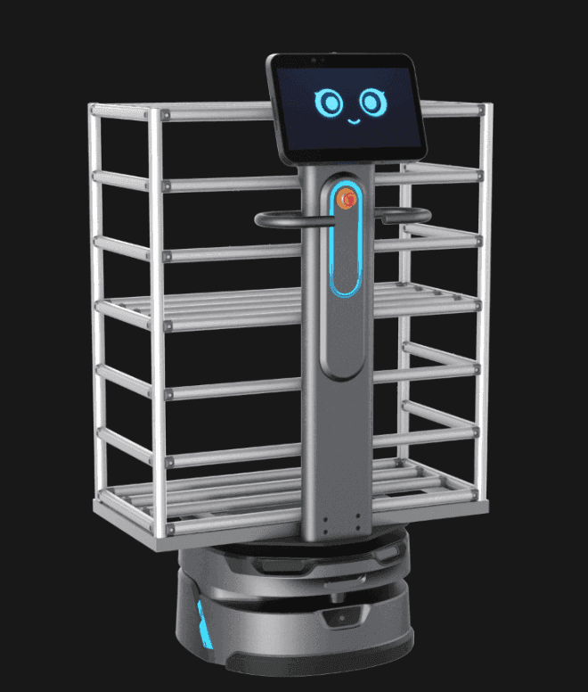 Carrybot 3 - Warehouse Logistics Robot in black background with shelving and interactive screen, ideal for warehouse automation and goods transport.