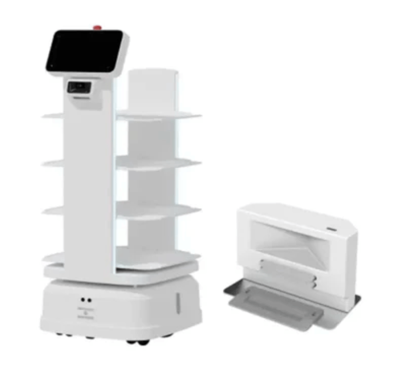 ATEAGO S7-300 Indoor/Outdoor Industrial Robot with docking station, designed for automated transport and charging in industrial and warehouse operations.