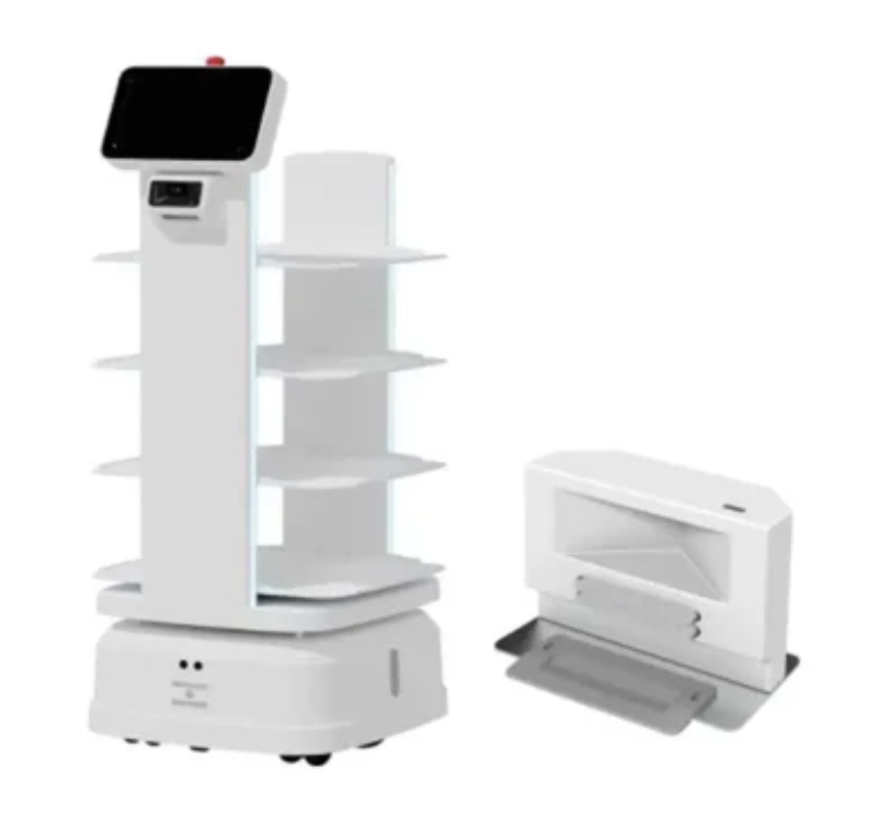 ATEAGO S7-300 Indoor/Outdoor Industrial Robot with docking station, designed for automated transport and charging in industrial and warehouse operations.