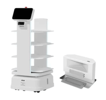 ATEAGO S7-300 Indoor/Outdoor Industrial Robot with docking station, designed for automated transport and charging in industrial and warehouse operations.