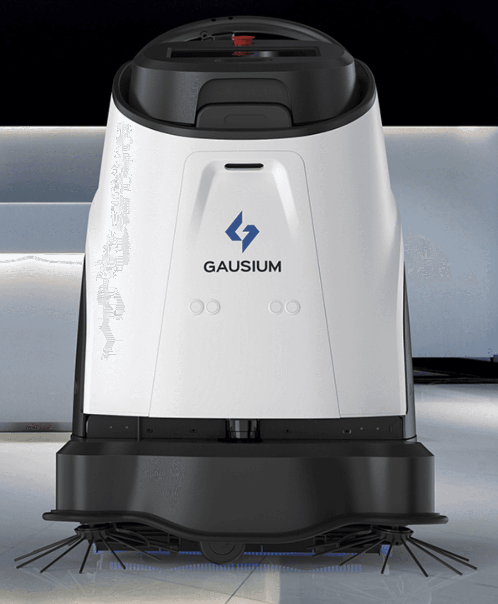 Front view of Gausium Vacuum 40 AI cleaning robot operating on a polished floor, showcasing its dual side brushes and sleek design.
