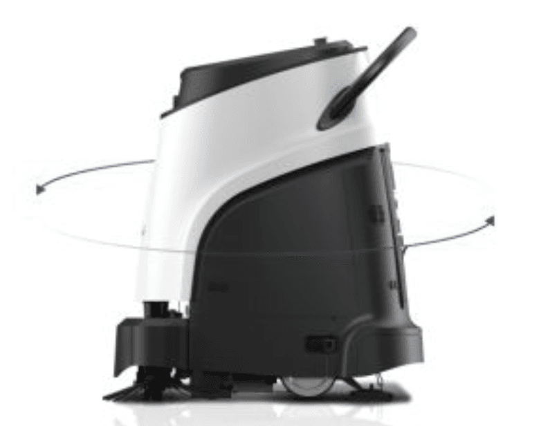 Rotational side view of Gausium Vacuum 40 commercial robotic vacuum, highlighting its 360-degree maneuverability and ergonomic handle.