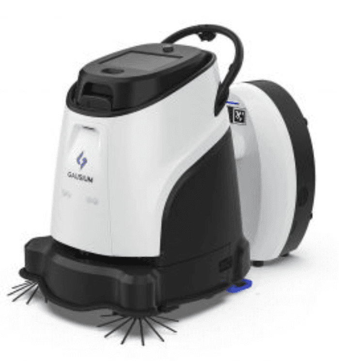Side view of Gausium Vacuum 40 robotic vacuum cleaner docked with its charging station, ideal for high-traffic commercial spaces.