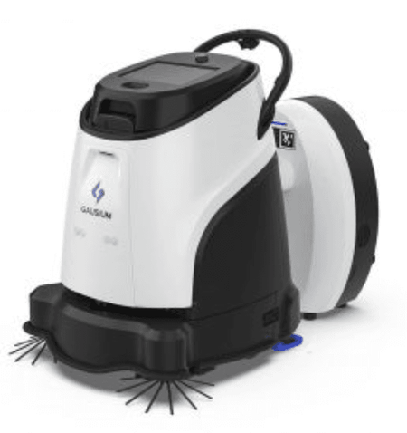 Side view of Gausium Vacuum 40 robotic vacuum cleaner docked with its charging station, ideal for high-traffic commercial spaces.