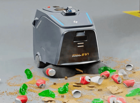 Gausium Beetle cleaning robot with debris on floor and side brushes