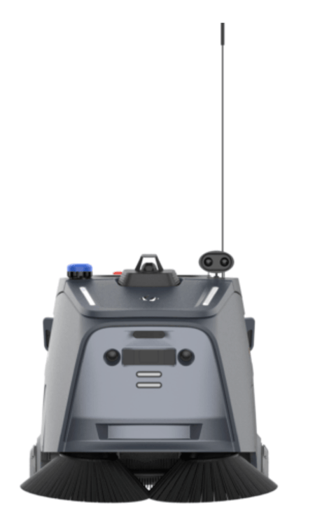 Front view of Gausium Beetle robot with side brushes for floor cleaning