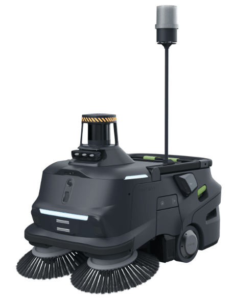 AI industrial floor sweeper robot with dual brushes and antenna for autonomous cleaning