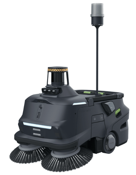 AI industrial floor sweeper robot with dual brushes and antenna for autonomous cleaning