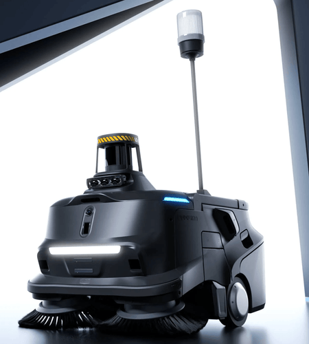 Close-up of AI floor sweeper robot with sensors and LED lights for industrial cleaning
