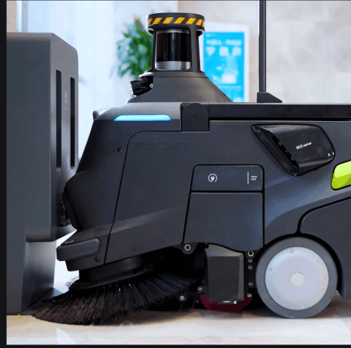 Indoor AI floor sweeper robot with large brushes and antenna for efficient cleaning