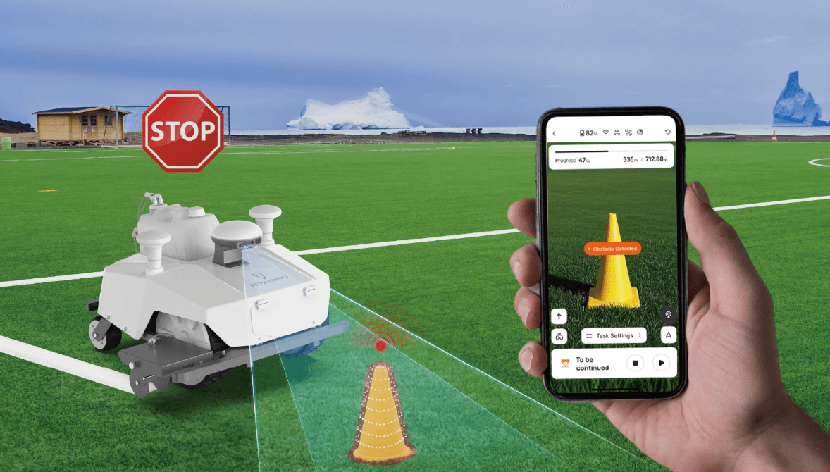 Lawn mower robot with obstacle detection on sports field