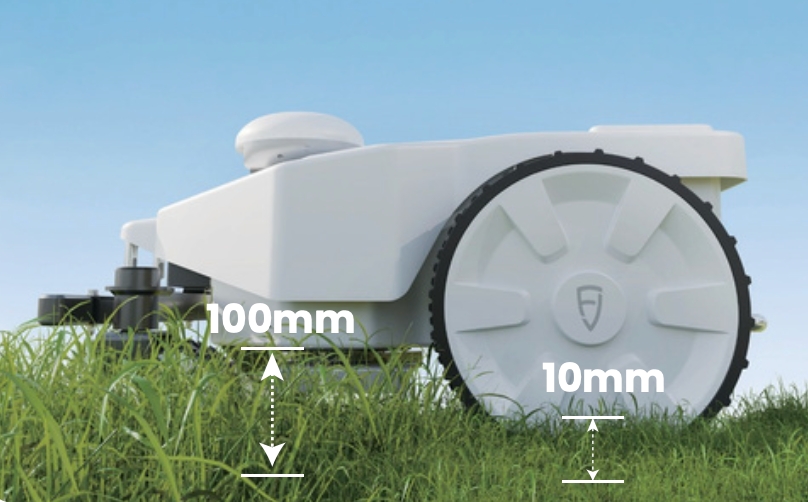 Close-up of robotic mower wheel with dimensions for turf care